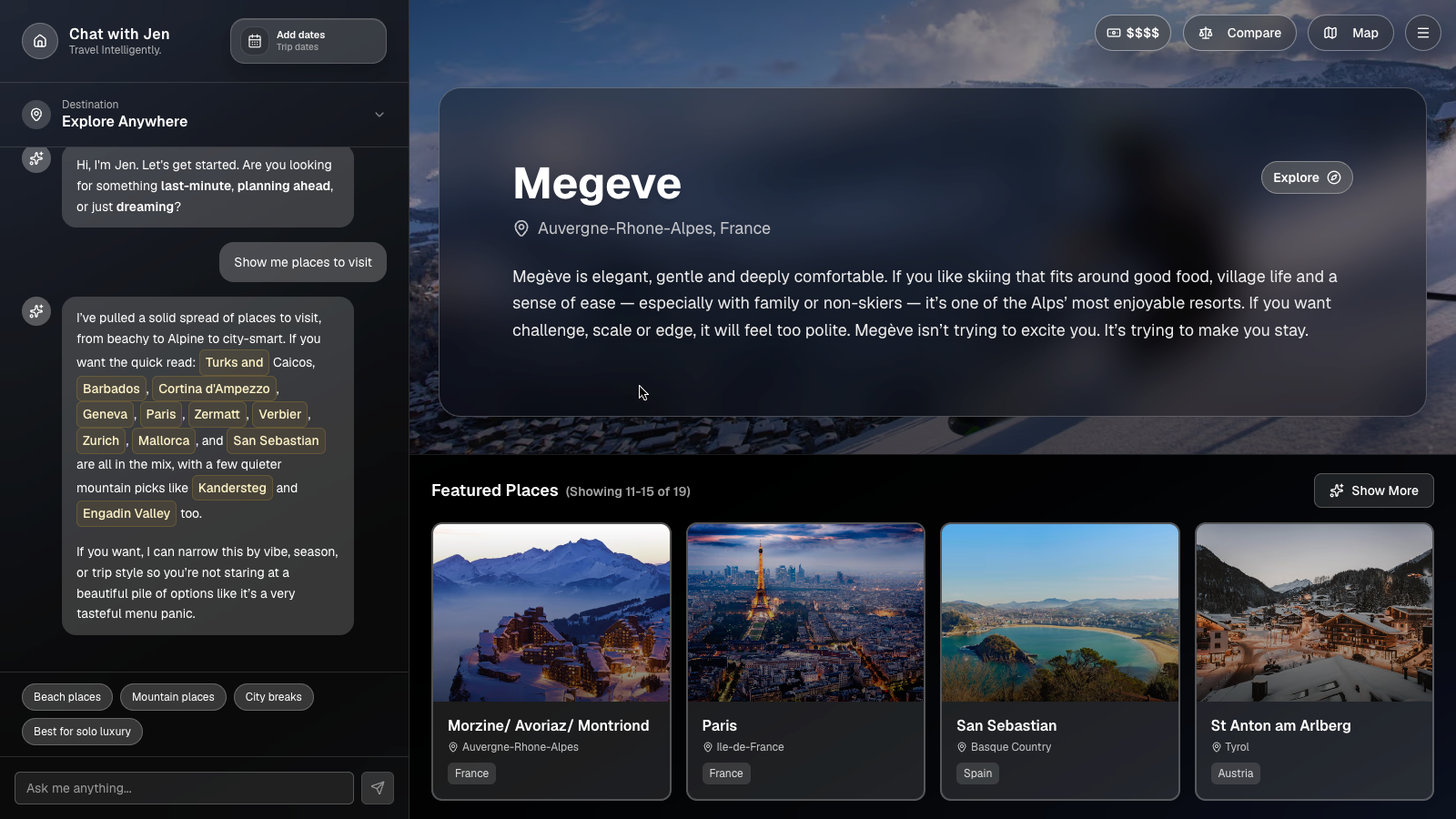 HiJen destination discovery screen with Jen chat and featured places